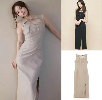 앤메리 네비 리본 롱 드레스 베이지