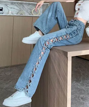 사이드 레이스업 데님 스트레이트 팬츠
