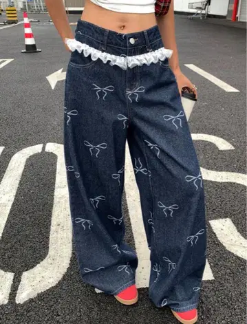 리본 자수 데님 와이드 팬츠 S