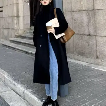 피크 라펠 롱 코트 블랙