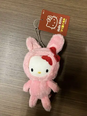 헬로키티 프리면 봉제 인형 토끼 후드 부착 미사용 키 홀더 핑크
