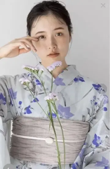 스카이블루 보라색 꽃무늬 유카타 큰 리본 오비 포함