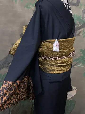 브랜드 나츠마츠안 세오 알파 멋있는 블랙 바탕에 레오파드 무늬 오비 세트