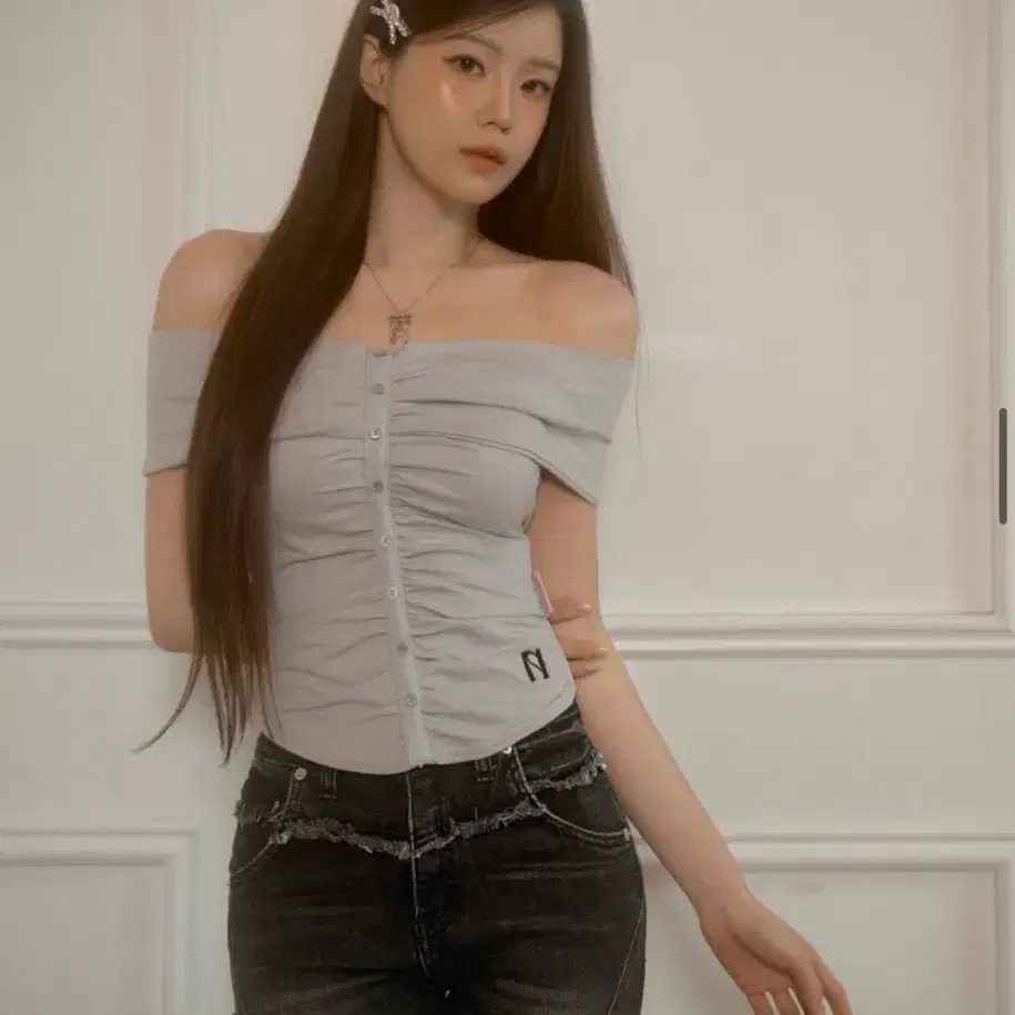 [NEWALRIN] ★ NEWALRIN button Shirring off shoulder top Designer fashion, Seoul-fully created | W Concept