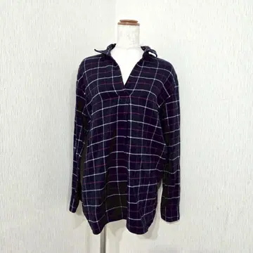 MUJI 무인양품 V넥 긴팔 체크 셔츠 네이비 계열 면100% 넉넉한 L