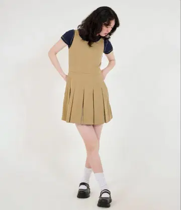Tina:Jojun 플리츠 절개 미니 길이 무지 원피스 M 여성용