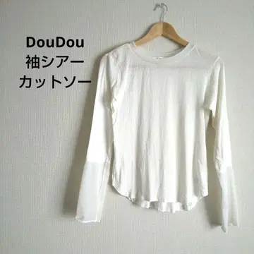 DouDou 소매 시어 절개 리브 롱 T 셔츠 티셔츠 두두 화이트
