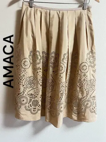 AMACA 아마카 베이지 플레어 스커트 실크 혼방 무릎 기장 38