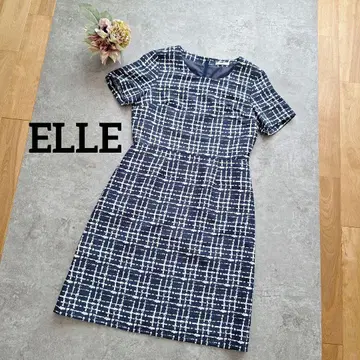 ELLE 엘르 체크 무늬 반팔 원피스 네이비 38 M 사이즈