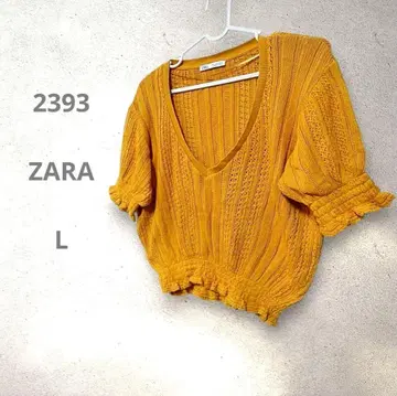 ZARA 머스타드 V넥 니트 반팔 썸머 니트 프릴 소매 귀여운 L