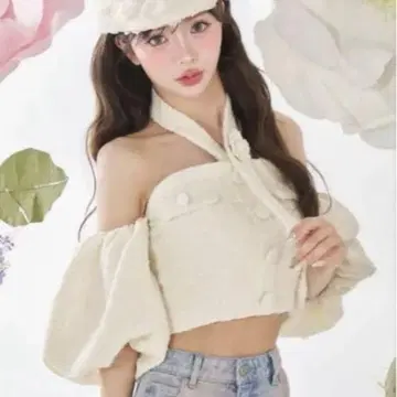정품 darich 홀터넥 오프숄더 트위드 상의 화이트 퍼프 슬리브