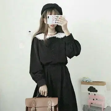 블랙 레이스 옷깃 롱 드레스 셋업