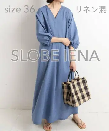 SLOBE IENA 린넨 혼방 뉘앙스 넥 원피스 블루 36