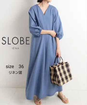 SLOBE IENA 린넨 혼방 뉘앙스 넥 원피스 블루 36