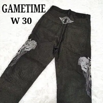 GAMETIME 스컬 십자가 블랙 와이드 데님 배기 팬츠 자수