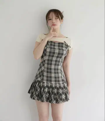 앤드메리 캐런 체크 미니 드레스 베이지