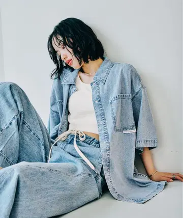 LEPSIM BIG 데님 5부 소매 셔츠 튜닉