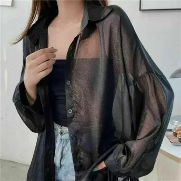 여성용 시어 셔츠 시스루 퍼플 더스티 컬러 긴팔