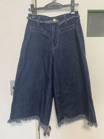프린지 밑단 와이드 데님 팬츠 면 100