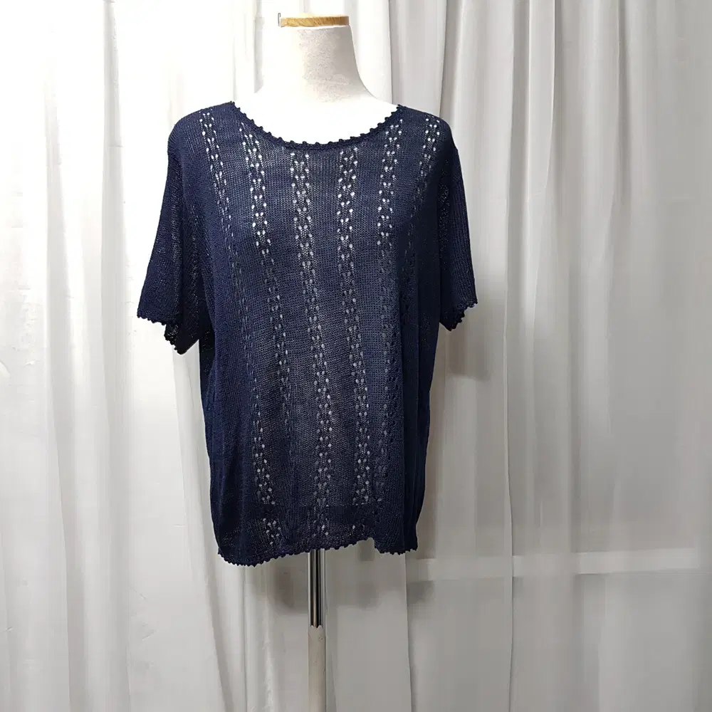 Vintage Round Neck Perforated Mesh Knit Short Sleeve T-shirt Women&#x27;s L B43