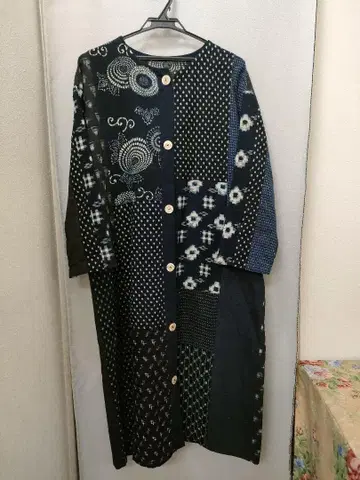 일본풍 패턴 기모노 리메이크 네이비 코튼 롱 코트 단이