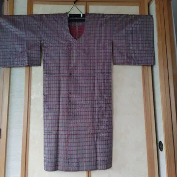 순수 실크 기모노 레인 코트, 빨강, 파랑, 노랑 스트라이프