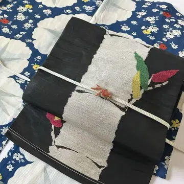 앤티크 여름 나고야 오비 블랙 베이스에 대나무 무늬