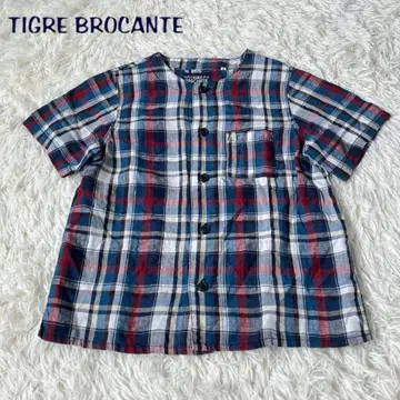 TIGRE 티글루 브로칸테 린넨 반팔 체크 셔츠 노카라