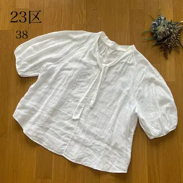 23구 LIBECO 보타이 볼륨 슬리브 블라우스 린넨 2023