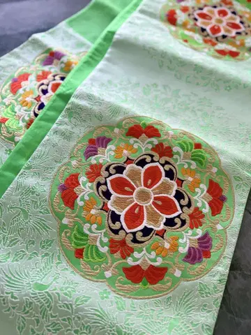 순수 실크 봉황 꽃+덩굴 패턴 가라오리 후쿠로 오비 그린