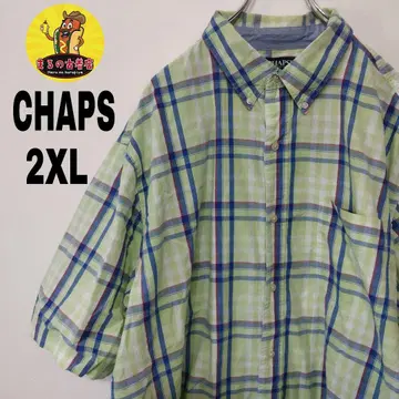 USA 구제 의류 CHAPS 반팔 버튼 셔츠 2XL 그린 블루 체크