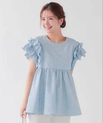 fitmore 핏모어 소매 프릴 깅엄 페플럼 블라우스 블루