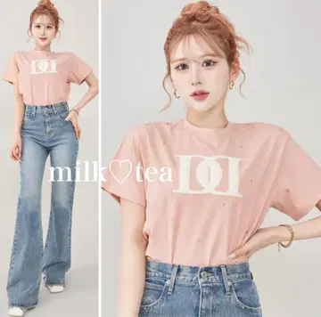 택 포함 새상품 다리치 핑크 퀼팅 아플리케 비쥬 티셔츠 F
