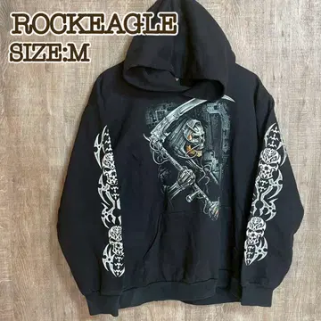 구제 의류 ROCKEAGLE 풀오버 후드티 블랙 스컬 패턴 M