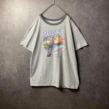 vintage 링거 넥 셔츠 구제 의류 그레이 프린트 레트로