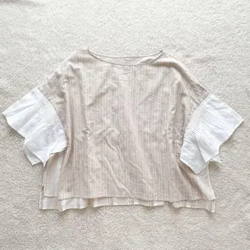 코네피에 블라우스 면 린넨 넉넉한 스트라이프 베이지 턱