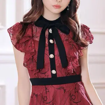넥 리본 플라워 전체 레이스 프릴 A 라인 미니 드레스