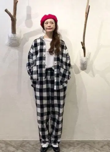 nest Robe 코튼 린넨 암 젠 체크 이지 팬츠