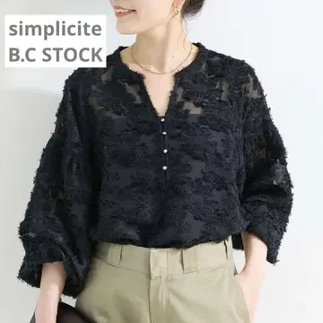 simplicite B.C STOCK 퍼프 슬리브 자카드 블라우스 블랙