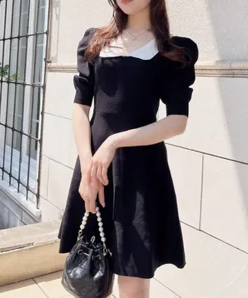 MIIA 카라 배색 니트 플레어 원피스 반팔 니트 원피스 옷깃 블랙 검정