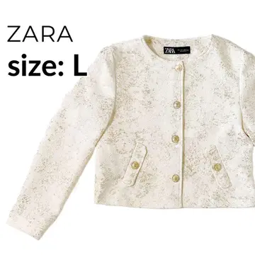 ZARA 노카라 자켓 아이보리 골드 라메 골드 버튼 L 사이즈