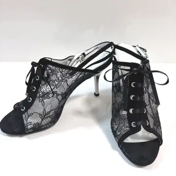 긴자 카네마츠 뮬 샌들 핑 힐 레이스 블랙 검정 24.5cm