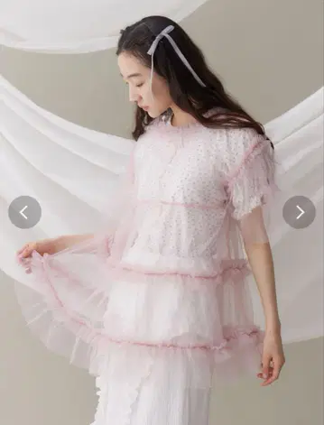 얇은 명주 그물 티어드 튜닉 핑크 미사용 새상품 메리제니