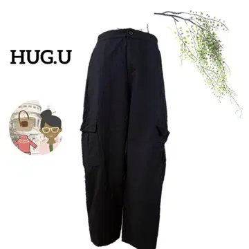 Hugyou / 카고 팬츠 블랙 와이드 워크 팬츠 L 블랙 포켓