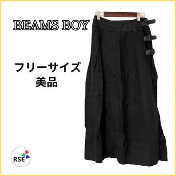 BEAMS BOY 린넨 맥시 스커트 플레어 종아리 기장 린넨 무지 블랙