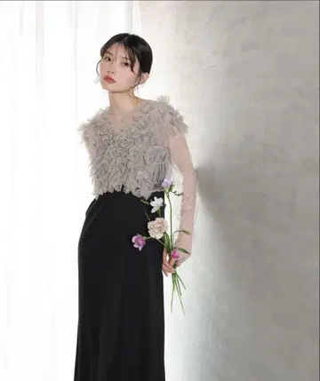 얇은 명주 그물 볼륨 프릴 베스트 시어 탑 원피스 3개 세트