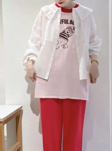 베어 프린트 링거 티셔츠 핑크