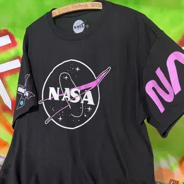2XL NASA 양면 프린트 네온 레어 디자인 블랙 구제 의류 티셔츠