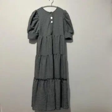 GRL 깅엄 체크 퍼프 슬리브 롱 원피스 티어드 반팔