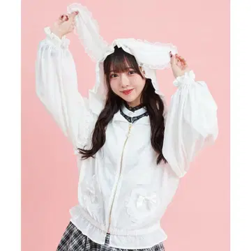 시크릿허니 토끼 귀 프릴 쉬폰 후드티 화이트